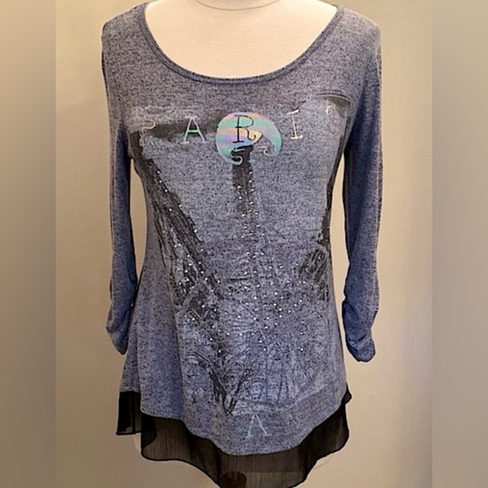 Cato Iridescent Paris France Blue Black Purple 3/4” Ruched Sleeve Top Size Small